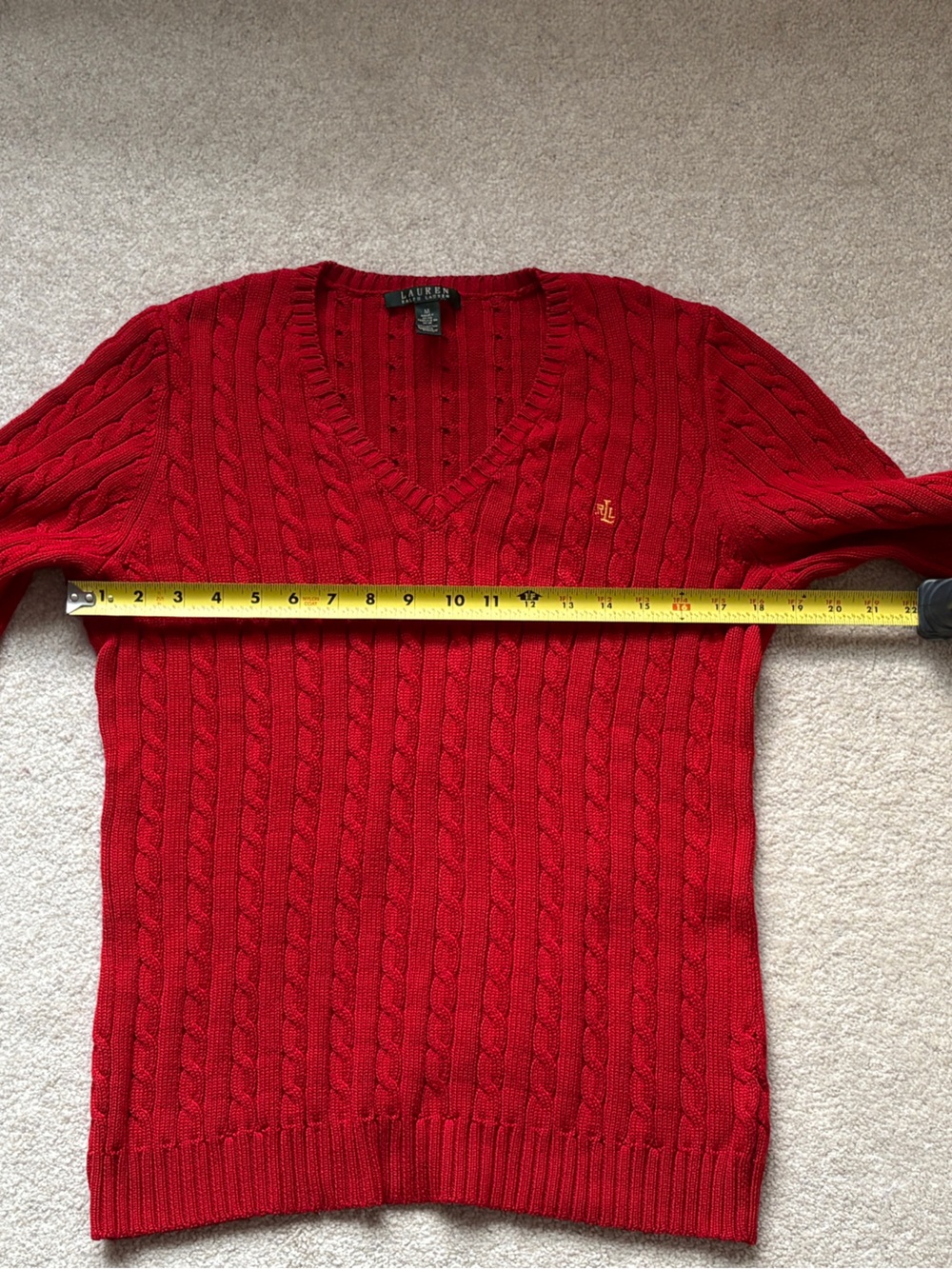 Ralph Lauren Red Cable-Knit V-Neck Sweater Size M